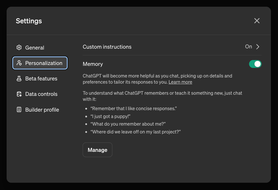 ChatGPT Interface with Memory Settings
